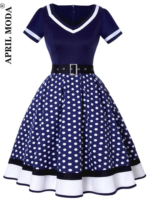 50s 60s Vintage Polka Dot Print Short Sleeve Hepburn Party Dress With Belt