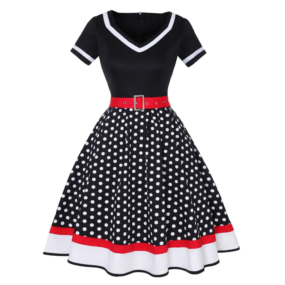 50s 60s Vintage Polka Dot Print Short Sleeve Hepburn Party Dress With Belt