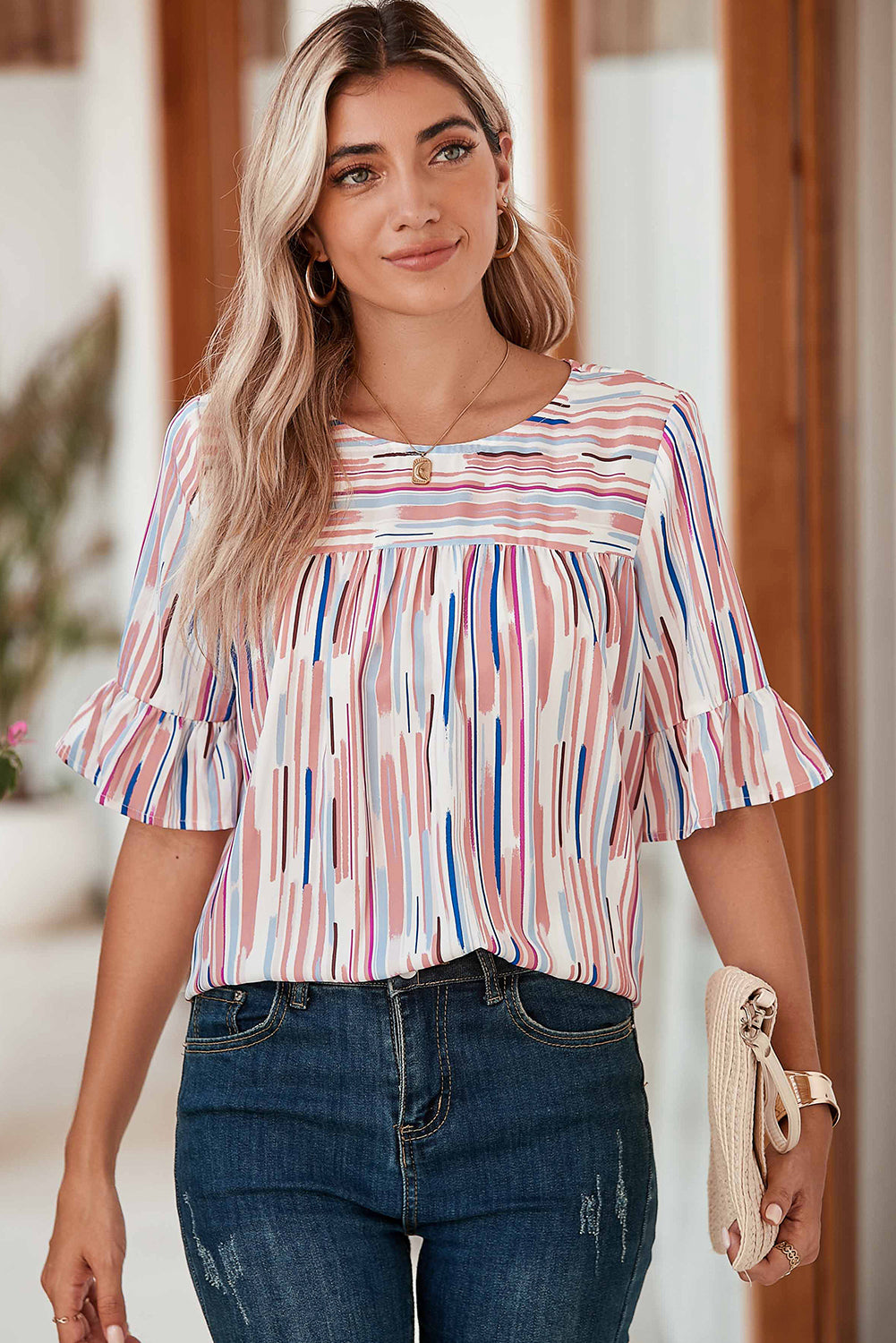 White Colorblock Striped Ruffle Half Sleeve Blouse