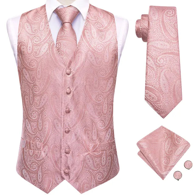 Solid Silk Suit Vests 4PC Woven Waistcoat Tie Pocket Square Cufflinks 2