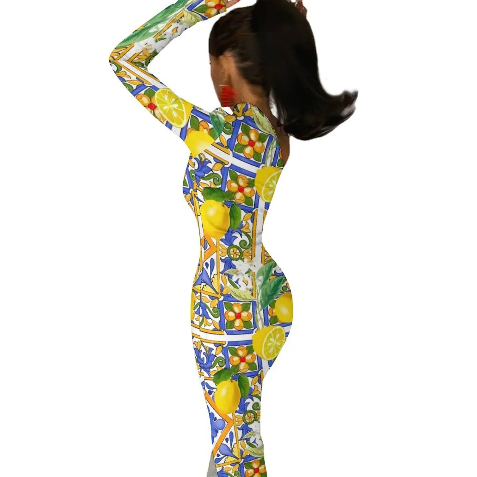 Long Sleeve Pattern Fruit Print Retro High Slit Bodycon Dress