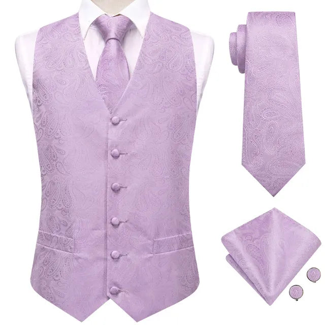 Solid Silk Suit Vests 4PC Woven Waistcoat Tie Pocket Square Cufflinks 2
