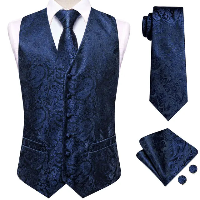 Solid Silk Suit Vests 4PC Woven Waistcoat Tie Pocket Square Cufflinks 2
