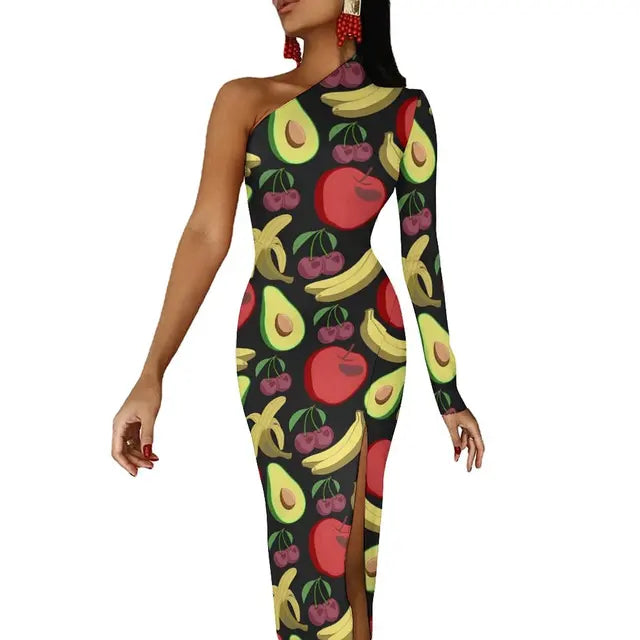 Long Sleeve Pattern Fruit Print Retro High Slit Bodycon Dress