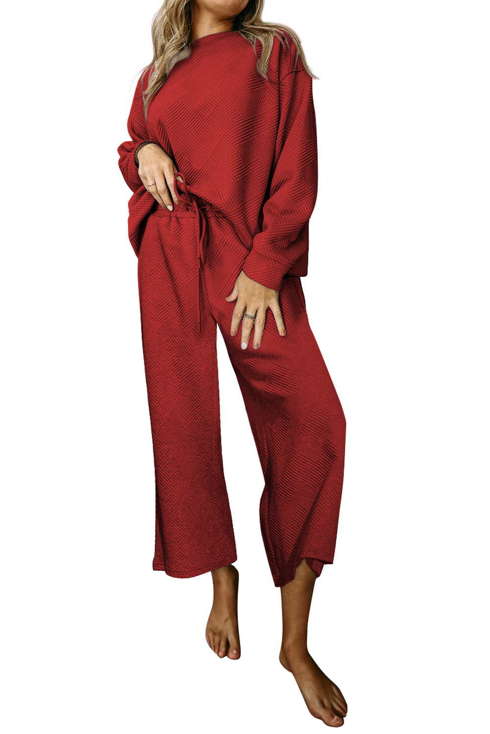 Black Textured Loose Slouchy Long Sleeve Top and Pants Set