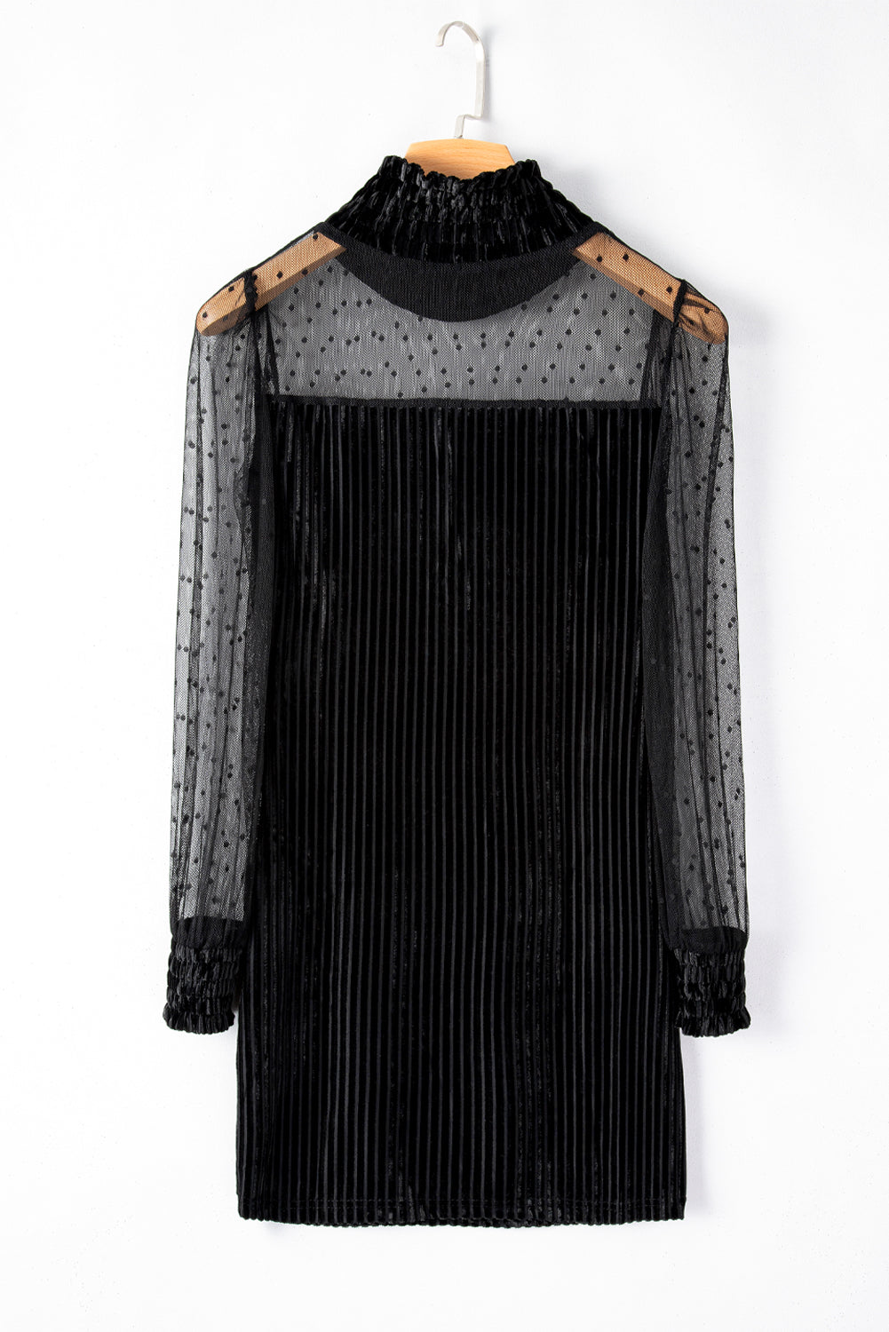 Black Dotted Mesh Striped Frilled Neck Bubble Sleeve Dress