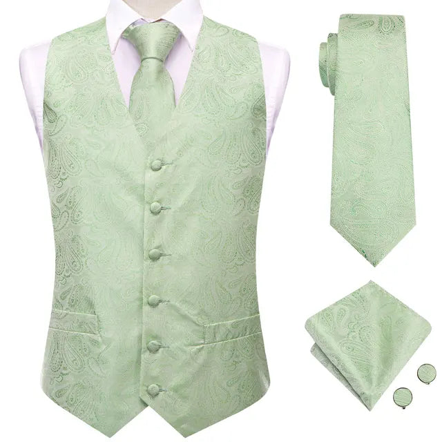 Solid Silk Suit Vests 4PC Woven Waistcoat Tie Pocket Square Cufflinks 2