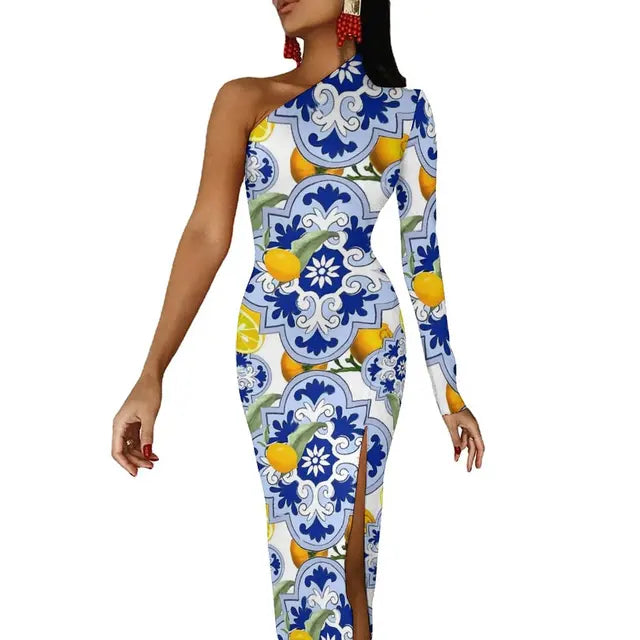 Long Sleeve Pattern Fruit Print Retro High Slit Bodycon Dress