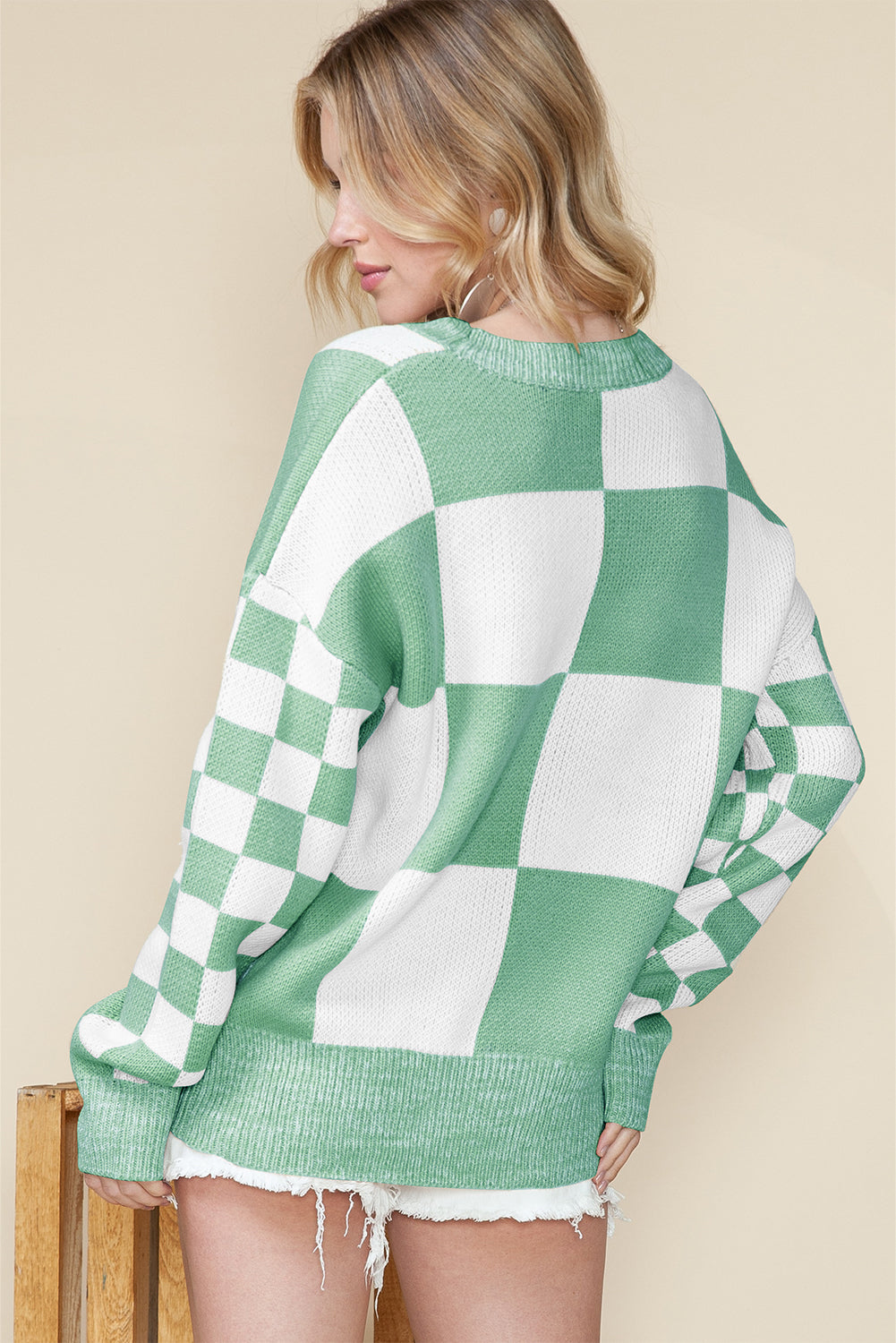 Mint Green Plaid Knitted Drop Shoulder Sweater
