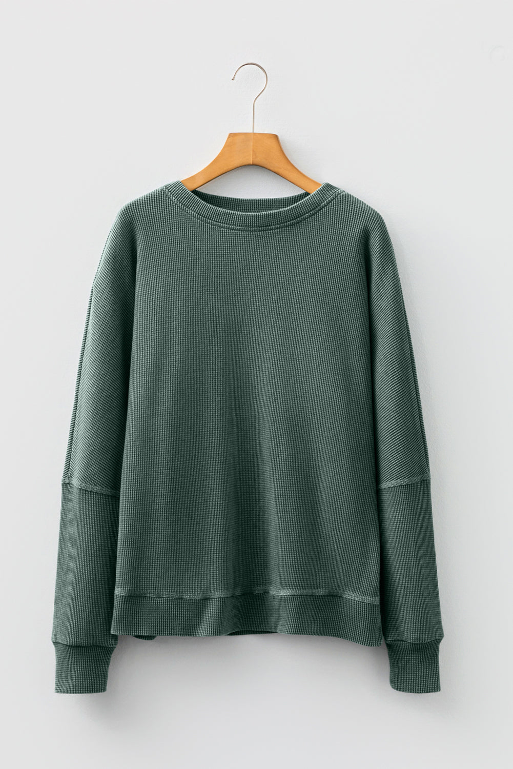 Mist Green Waffle Knit Patchwork Long Sleeve Loose Top