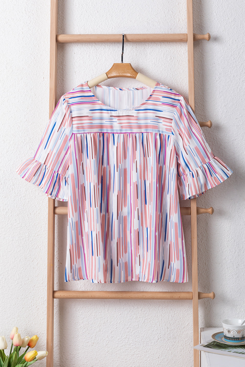 White Colorblock Striped Ruffle Half Sleeve Blouse