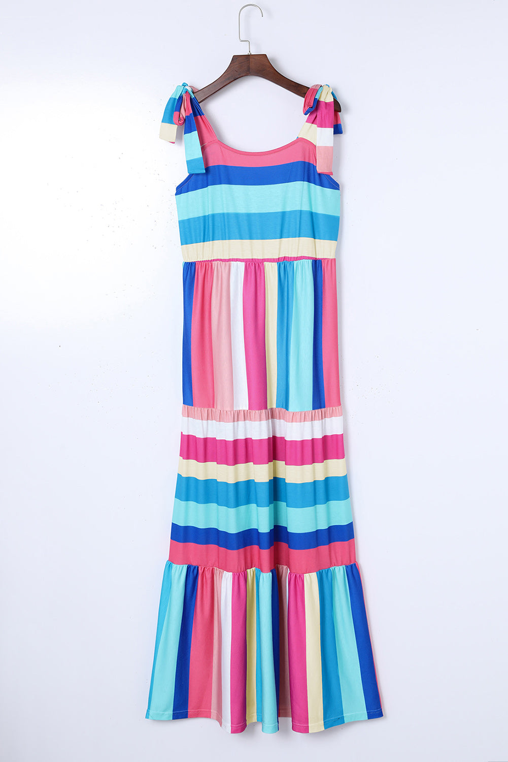 Multicolor Color Block Striped Bow Knot Straps Maxi Dress