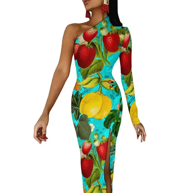 Long Sleeve Pattern Fruit Print Retro High Slit Bodycon Dress