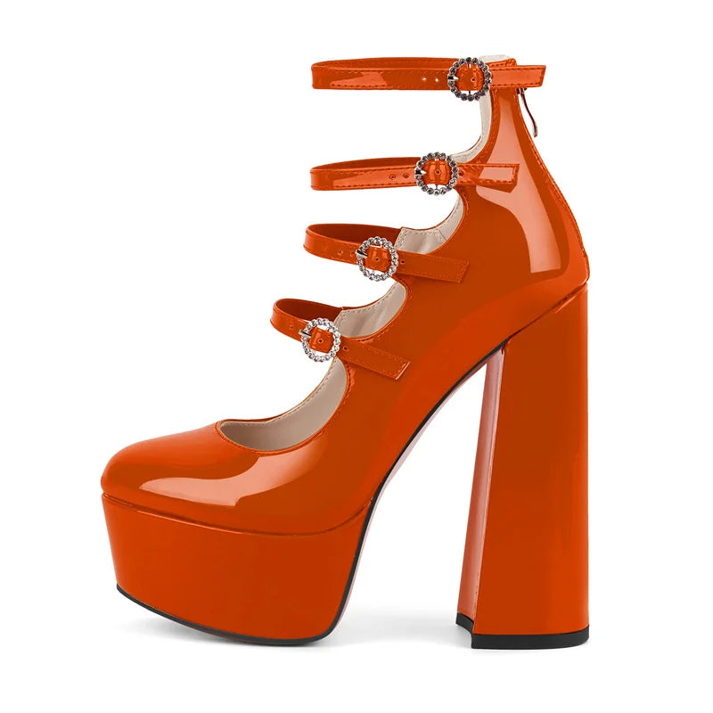 Women Platform Round Toe Chunky Square Heels Ankle Wrap Sandals