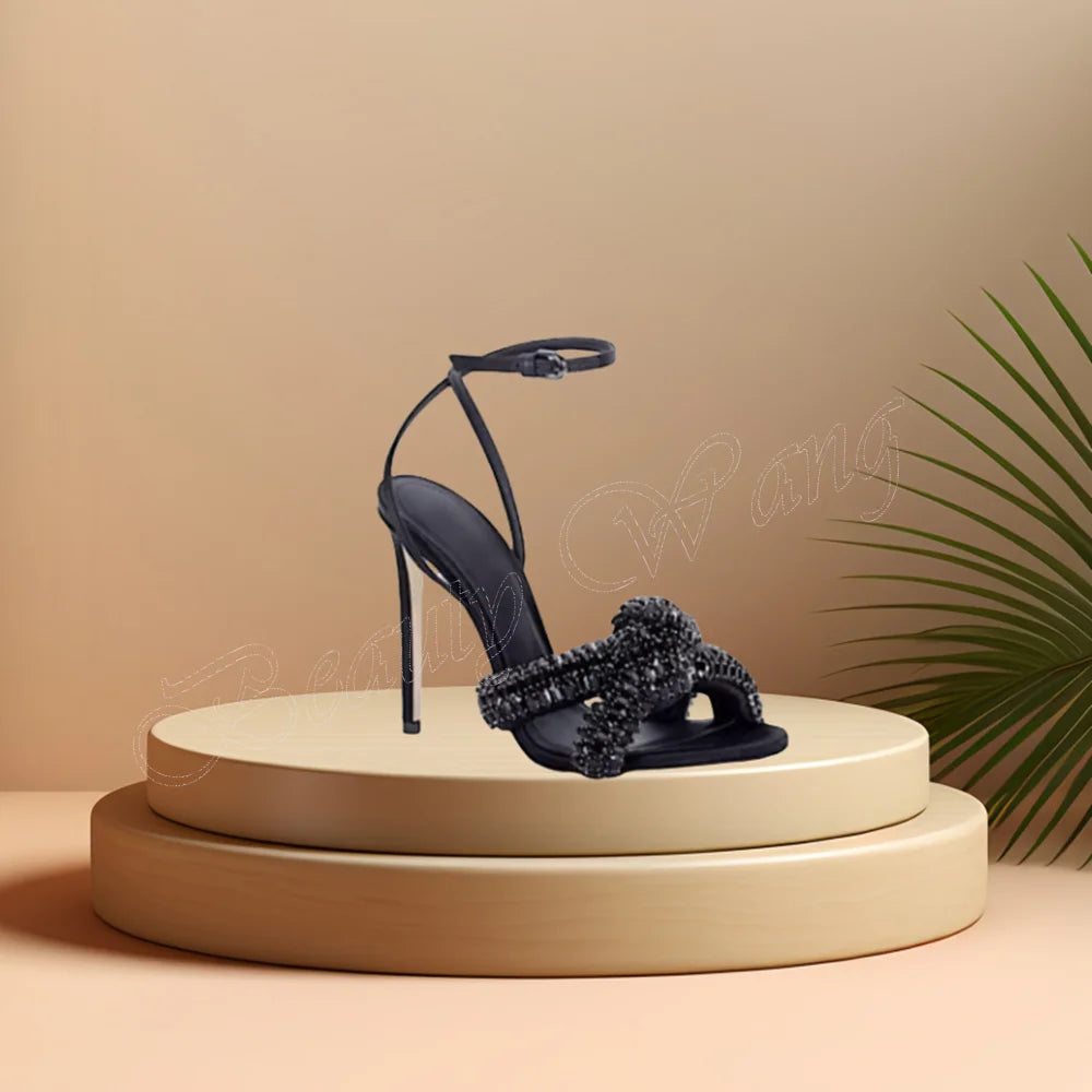 Crystal Bow Knot Solid Ankle Buckle Fashion High Heels Shoes