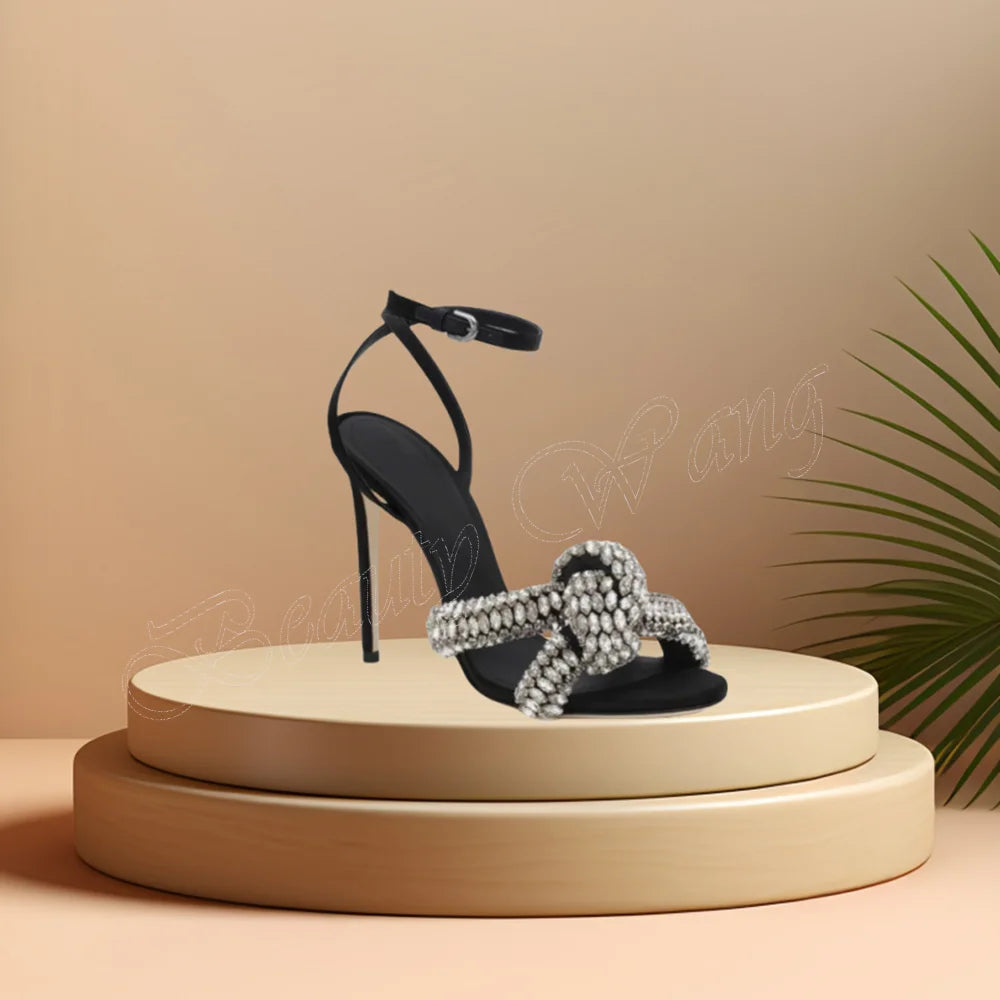 Crystal Bow Knot Solid Ankle Buckle Fashion High Heels Shoes