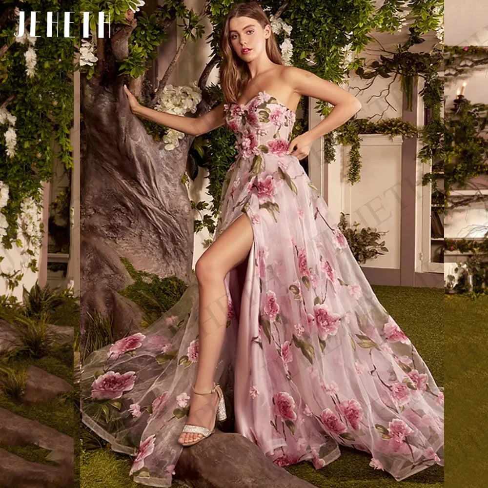 Pink Floral Print Split Strapless A Line Elegant Evening Gowns