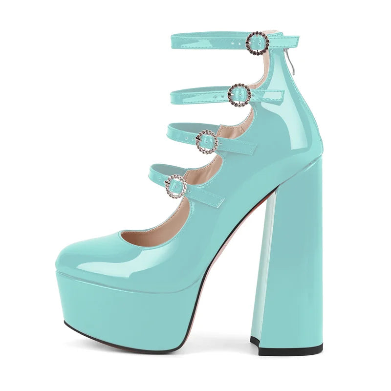 Women Platform Round Toe Chunky Square Heels Ankle Wrap Sandals
