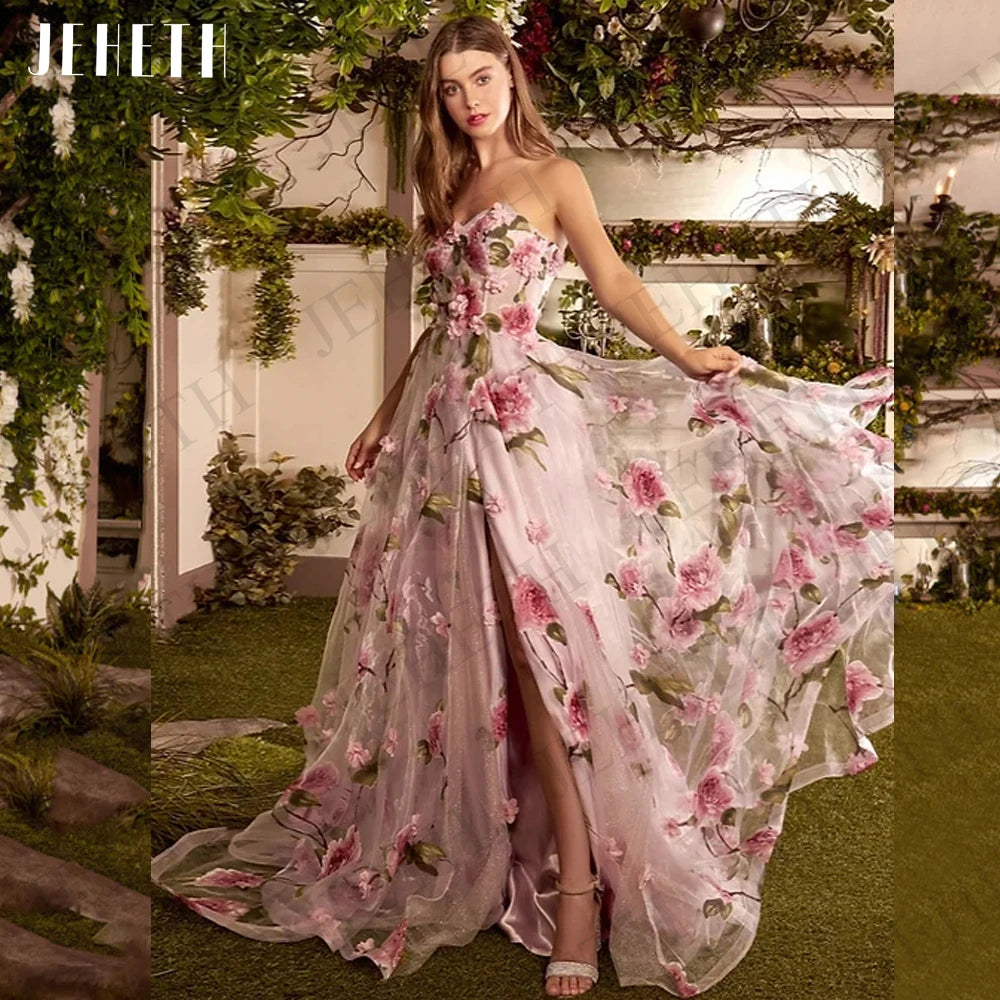 Pink Floral Print Split Strapless A Line Elegant Evening Gowns