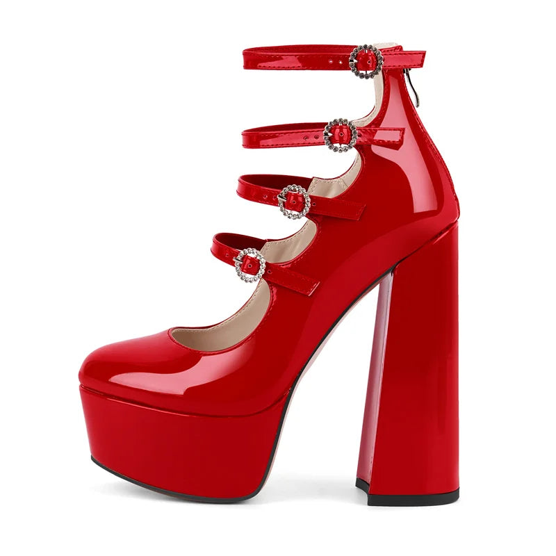 Women Platform Round Toe Chunky Square Heels Ankle Wrap Sandals
