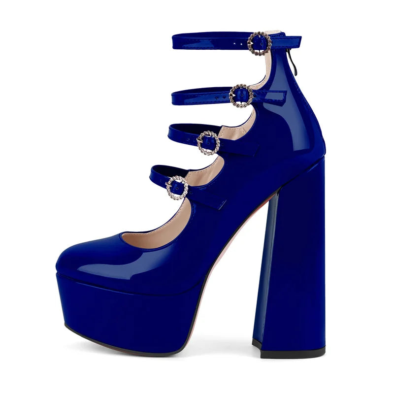Women Platform Round Toe Chunky Square Heels Ankle Wrap Sandals
