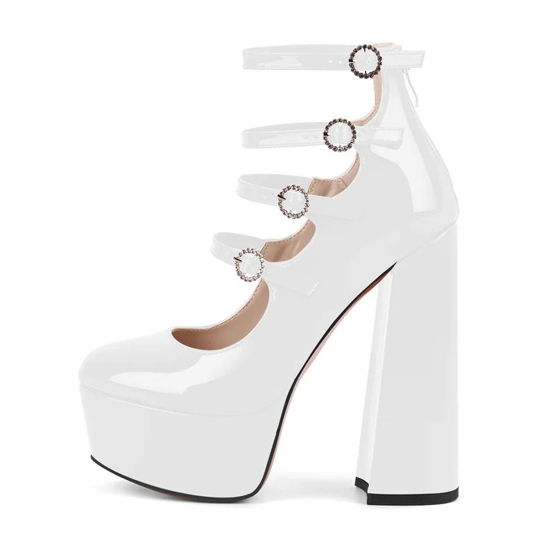 Women Platform Round Toe Chunky Square Heels Ankle Wrap Sandals
