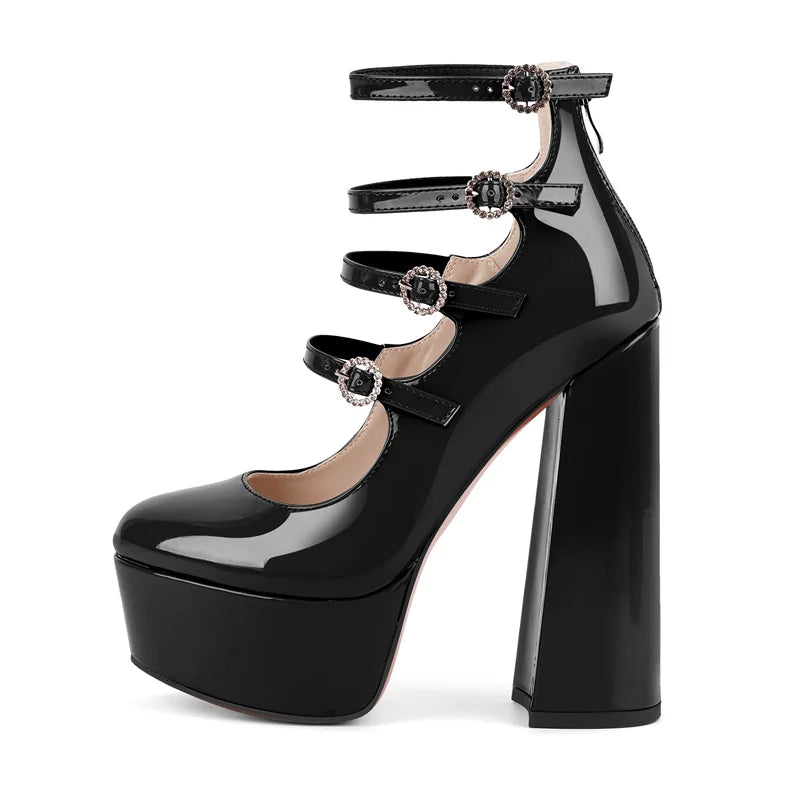 Women Platform Round Toe Chunky Square Heels Ankle Wrap Sandals