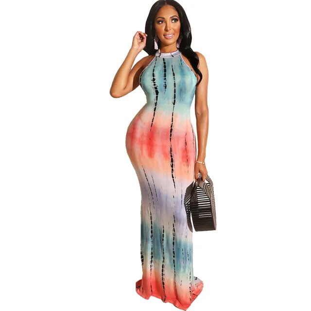 Off Shoulder Halter Neck Back Hollow Out Tie Dye  Floral Print Summer Maxi Dress