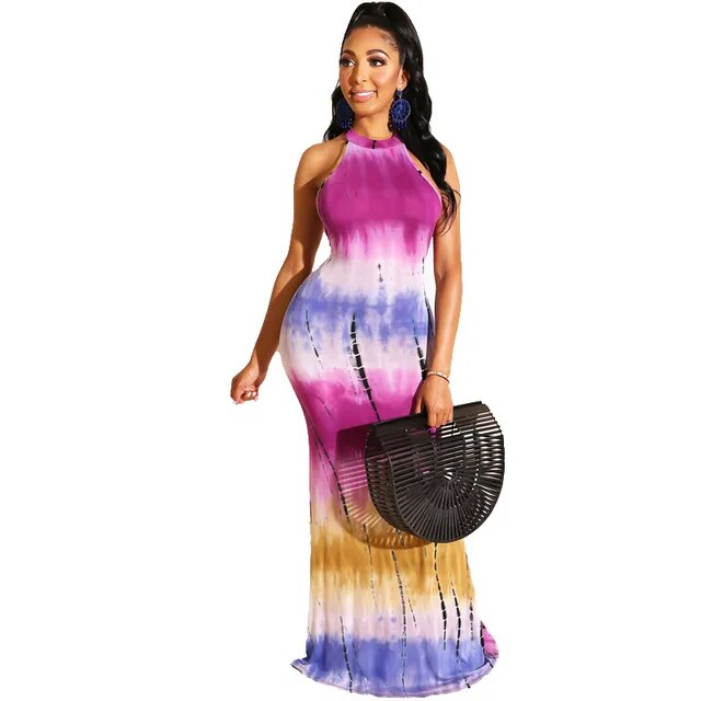 Off Shoulder Halter Neck Back Hollow Out Tie Dye  Floral Print Summer Maxi Dress