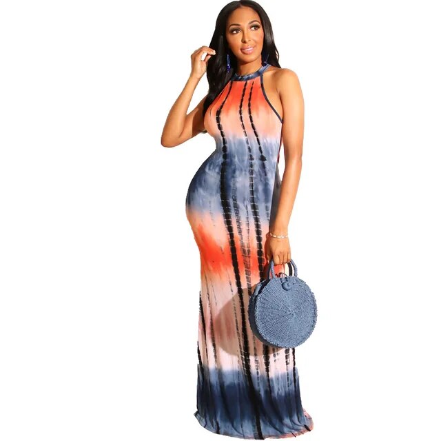 Off Shoulder Halter Neck Back Hollow Out Tie Dye  Floral Print Summer Maxi Dress