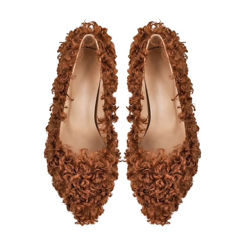 Faux Fur  Pointed Toe 10CM Slip-On Thin Heels