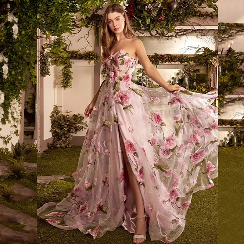 Pink Floral Print Split Strapless A Line Elegant Evening Gowns
