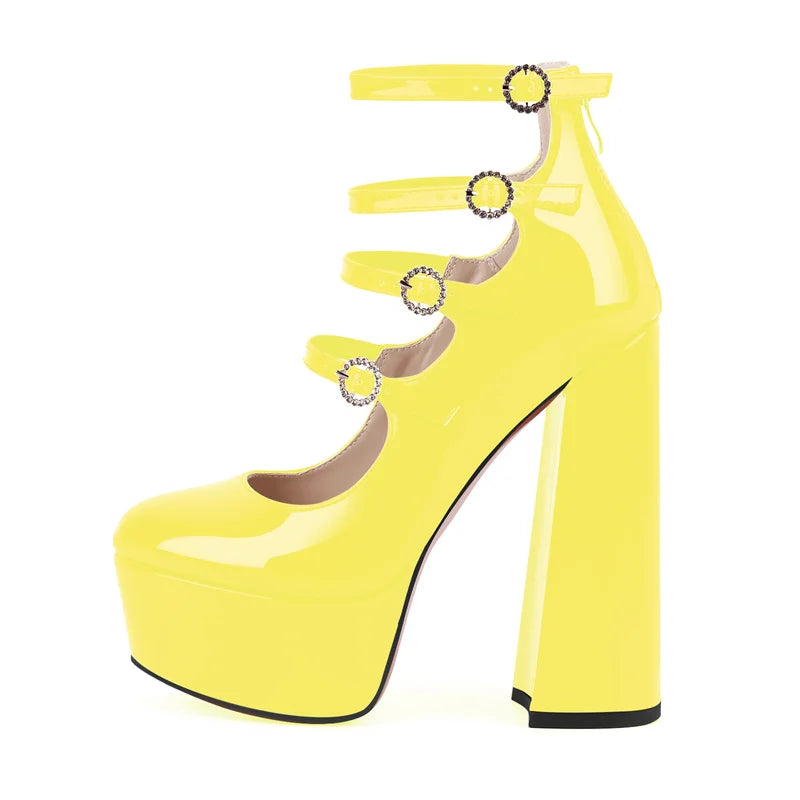Women Platform Round Toe Chunky Square Heels Ankle Wrap Sandals