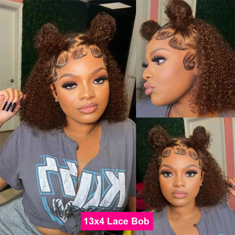 200% Brown kinky Curly Short Bob Wig
