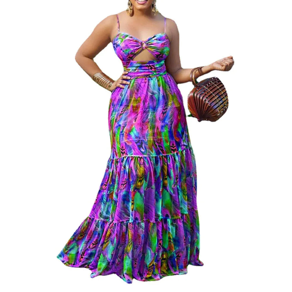 2023 Elegant Dashiki Summer Spaghetti Straps Maxi Dress