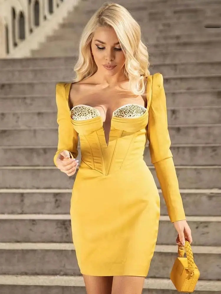 Fashion V Neck Diamond Design Long Sleeve Mini Dress