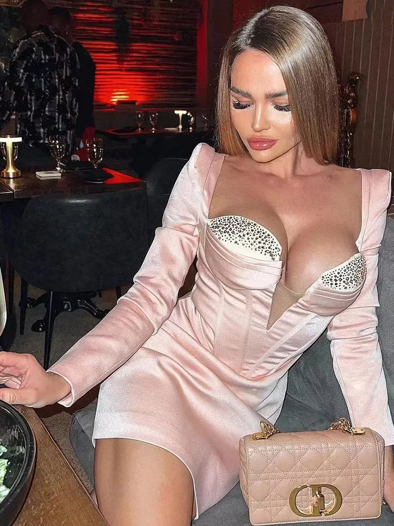 Fashion V Neck Diamond Design Long Sleeve Mini Dress