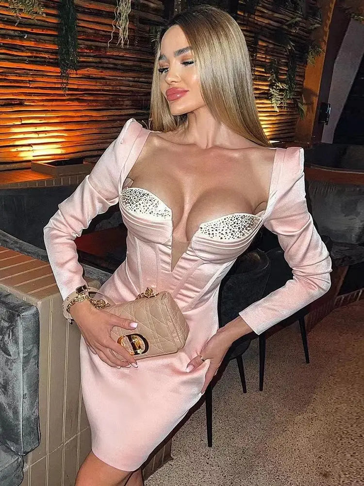 Fashion V Neck Diamond Design Long Sleeve Mini Dress