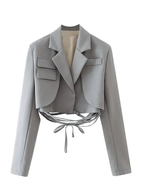 Double Layer Bandage Slim Long Sleeve Pocket Short Jacket New