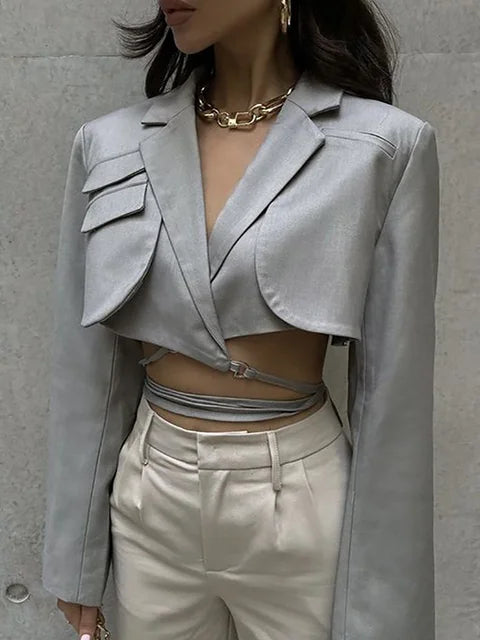 Double Layer Bandage Slim Long Sleeve Pocket Short Jacket New