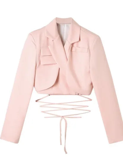 Double Layer Bandage Slim Long Sleeve Pocket Short Jacket New