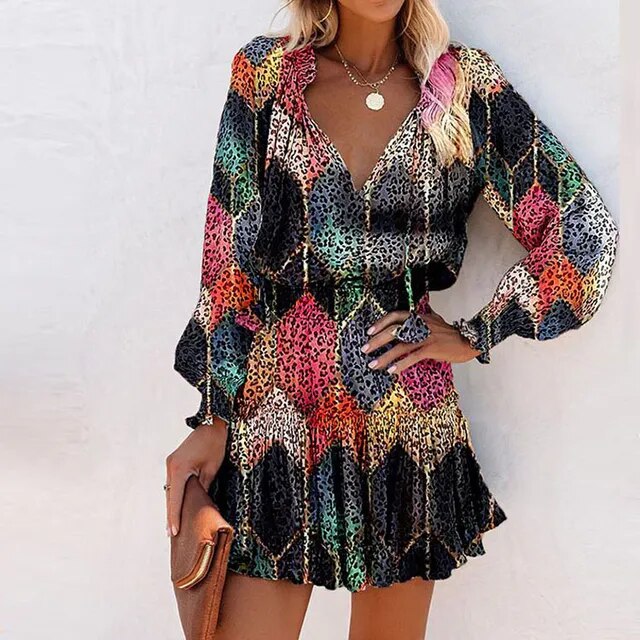 Autumn Fashion V Neck Long Sleeve  Dresses