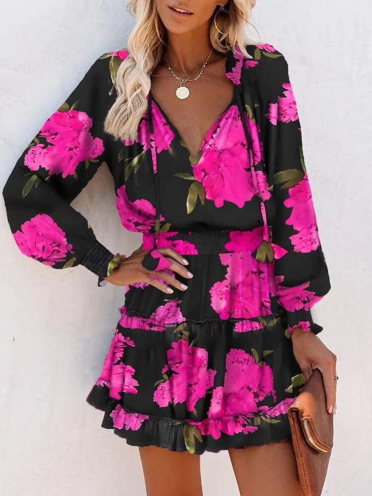 Autumn Fashion V Neck Long Sleeve  Dresses