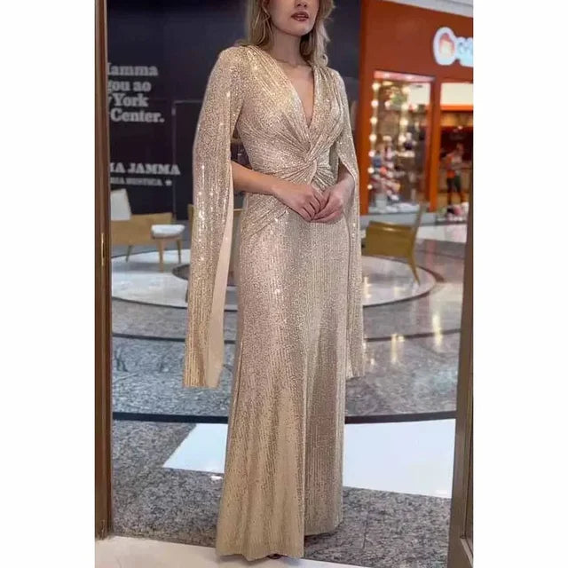 Autumn Winter Fashion Elegant Sequin Luxury V-neck Cloak Sleeves Slim Sequin Party Fishtail Dress