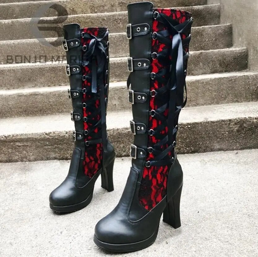 Lace Up Chunky High Heel Mid Calf Boots
