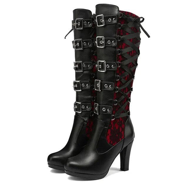 Lace Up Chunky High Heel Mid Calf Boots