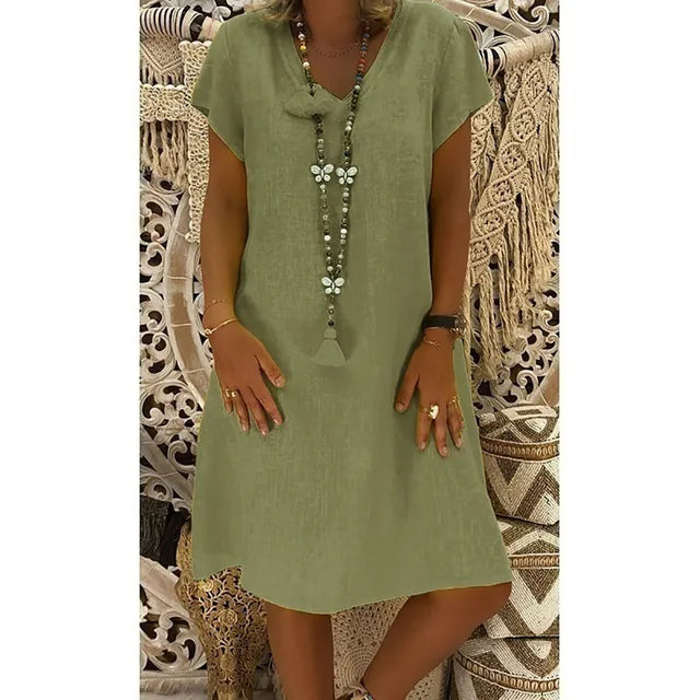 Summer 2023 Short Sleeve V-Neck Boho Cotton Linen Dress