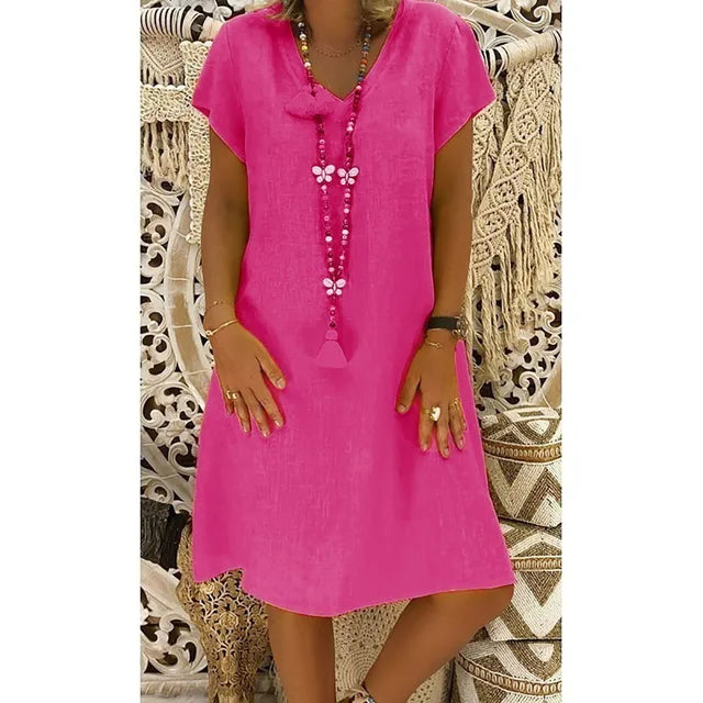Summer 2023 Short Sleeve V-Neck Boho Cotton Linen Dress