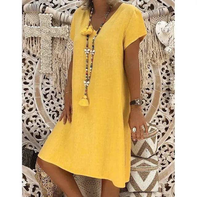 Summer 2023 Short Sleeve V-Neck Boho Cotton Linen Dress