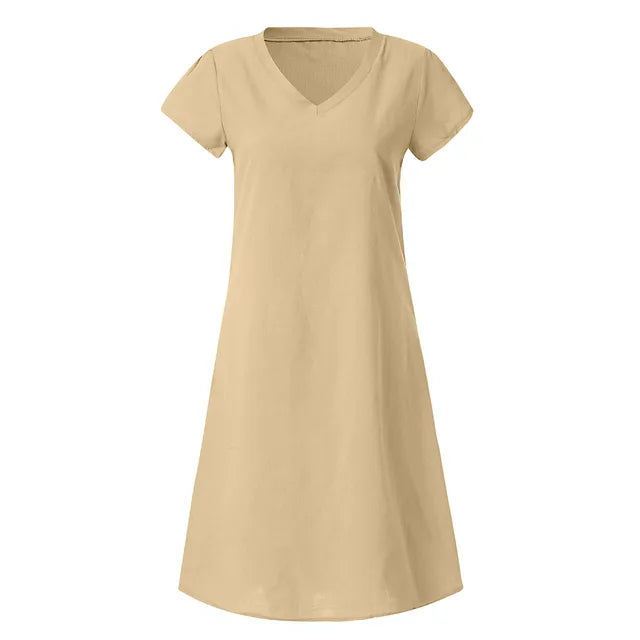 Summer 2023 Short Sleeve V-Neck Boho Cotton Linen Dress